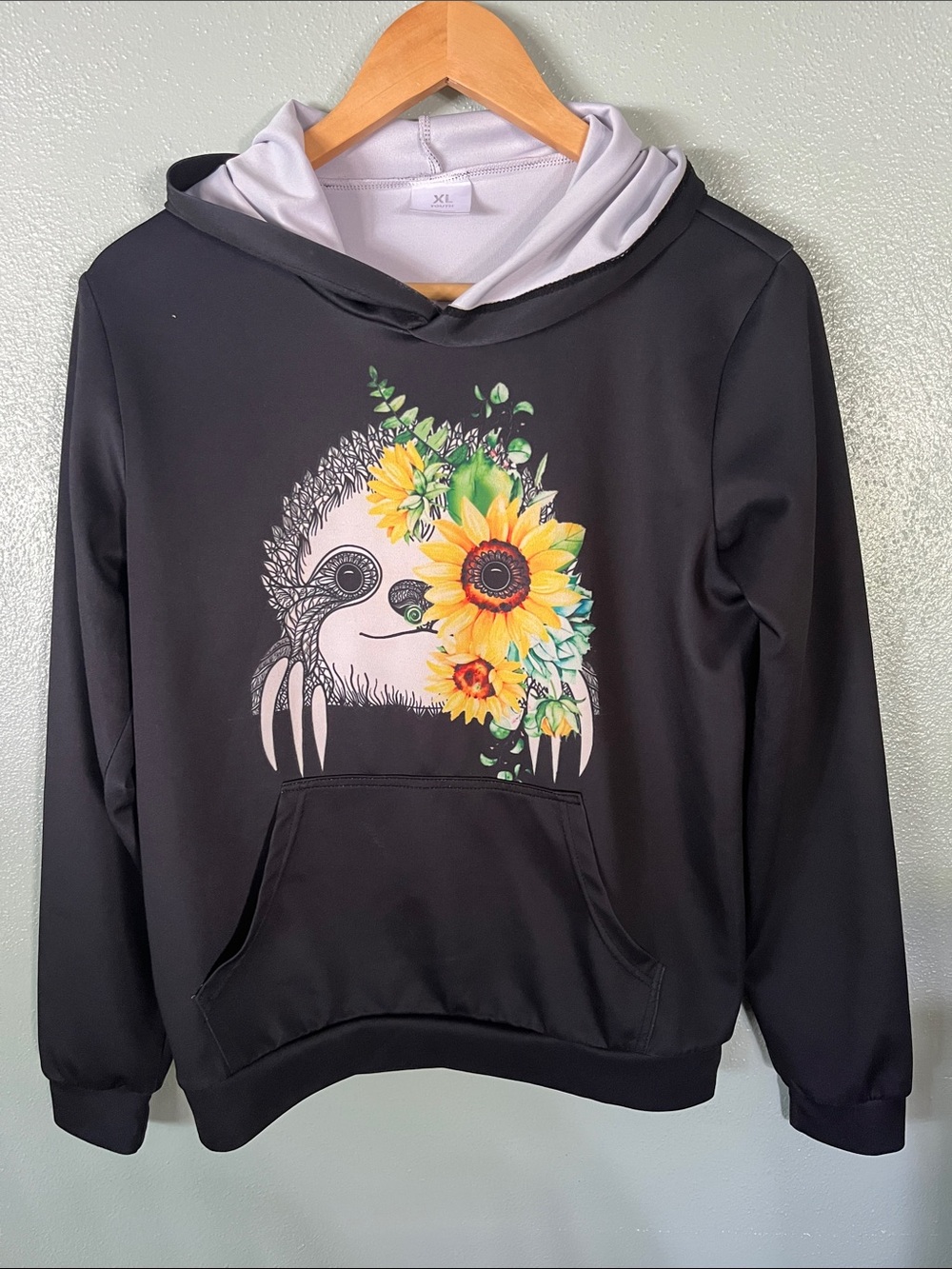 Kids Black Hoodie with Sunflower Sloth Graphic